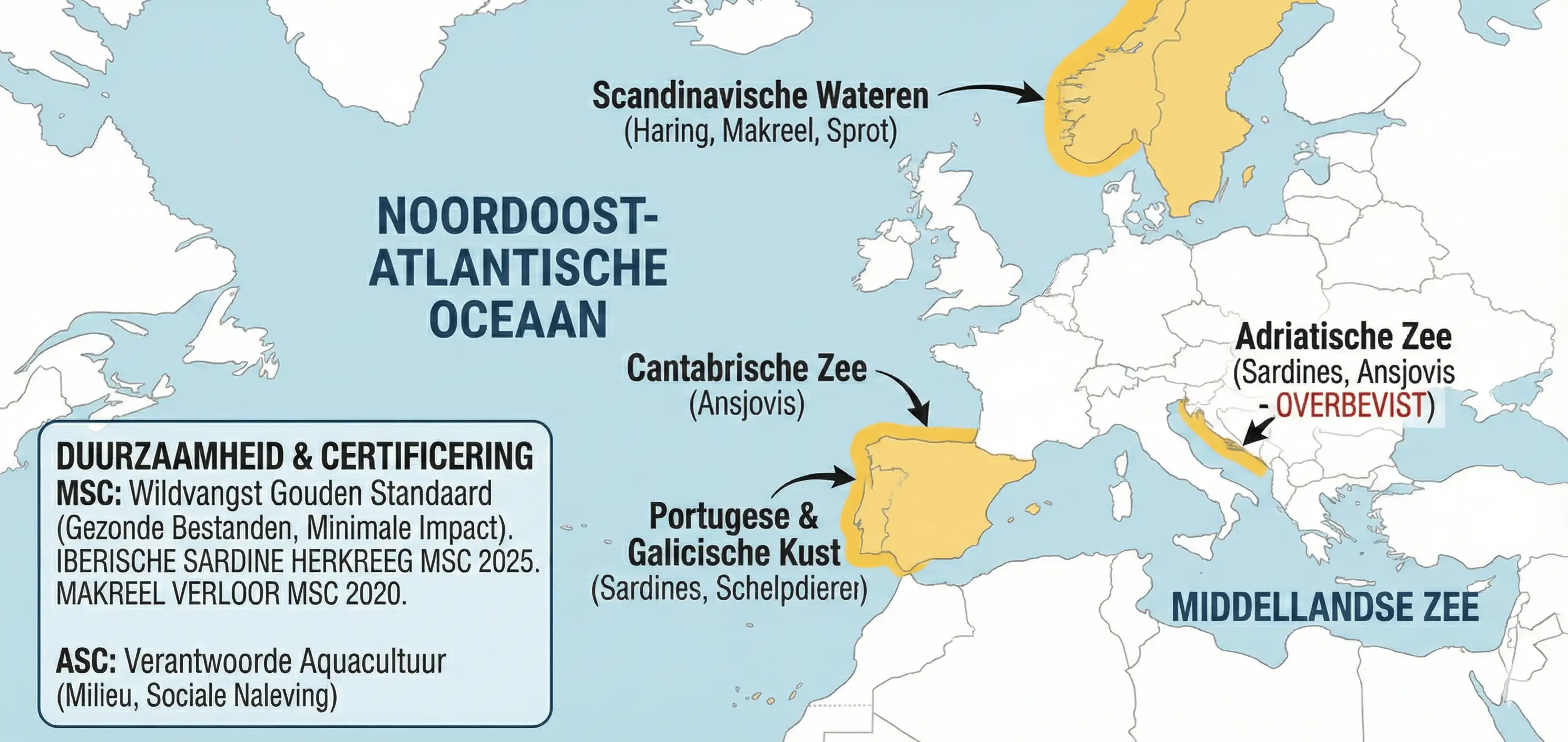 Kaart van Europese vangstgebieden: Scandinavische wateren, Cantabrische Zee, Portugese kust en Middellandse Zee