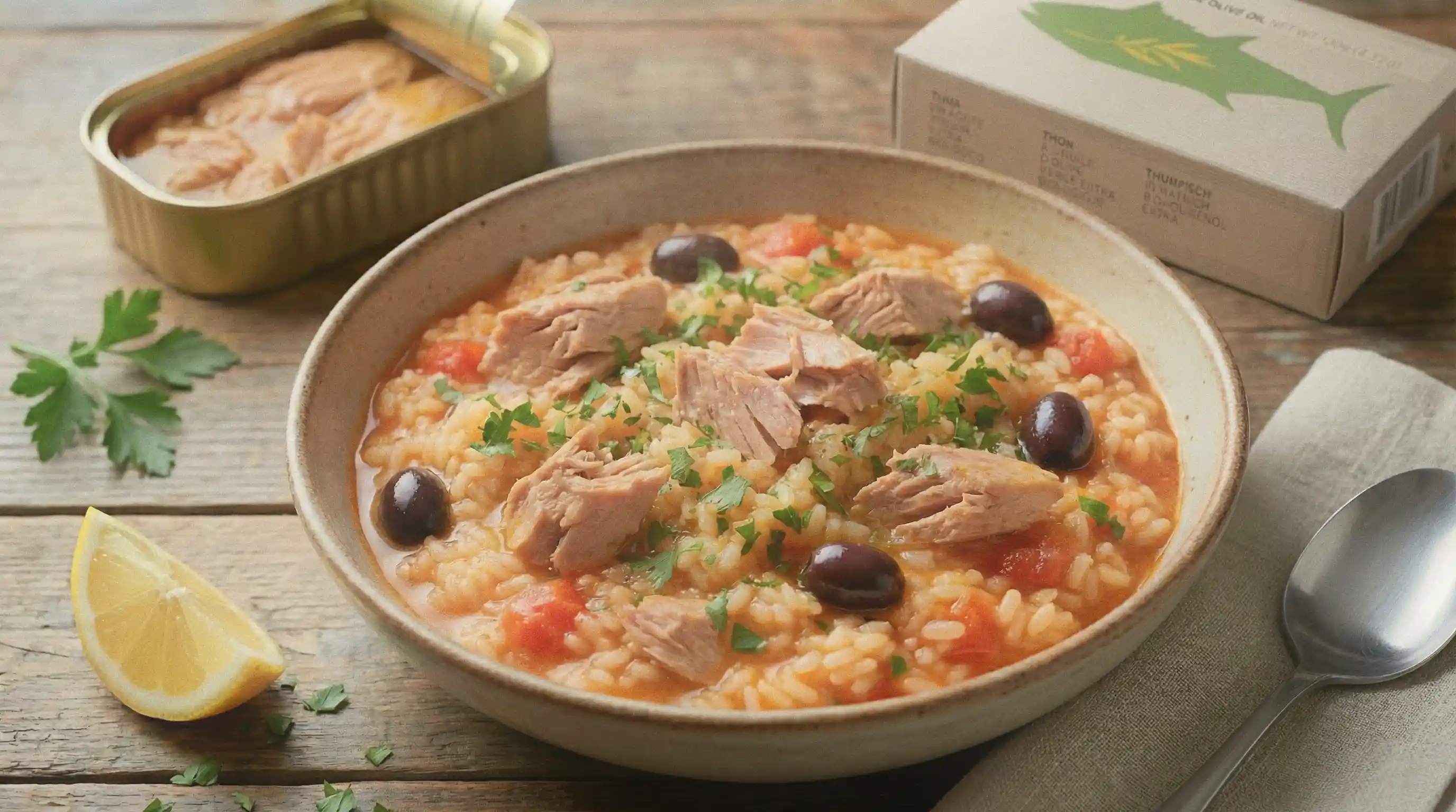 Arroz de Atum - Portugese rijst met tonijn in een ondiepe kom, bestrooid met peterselie